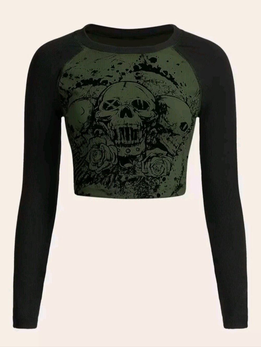 Long-Sleeve Skull Crop Top - Black & Olive